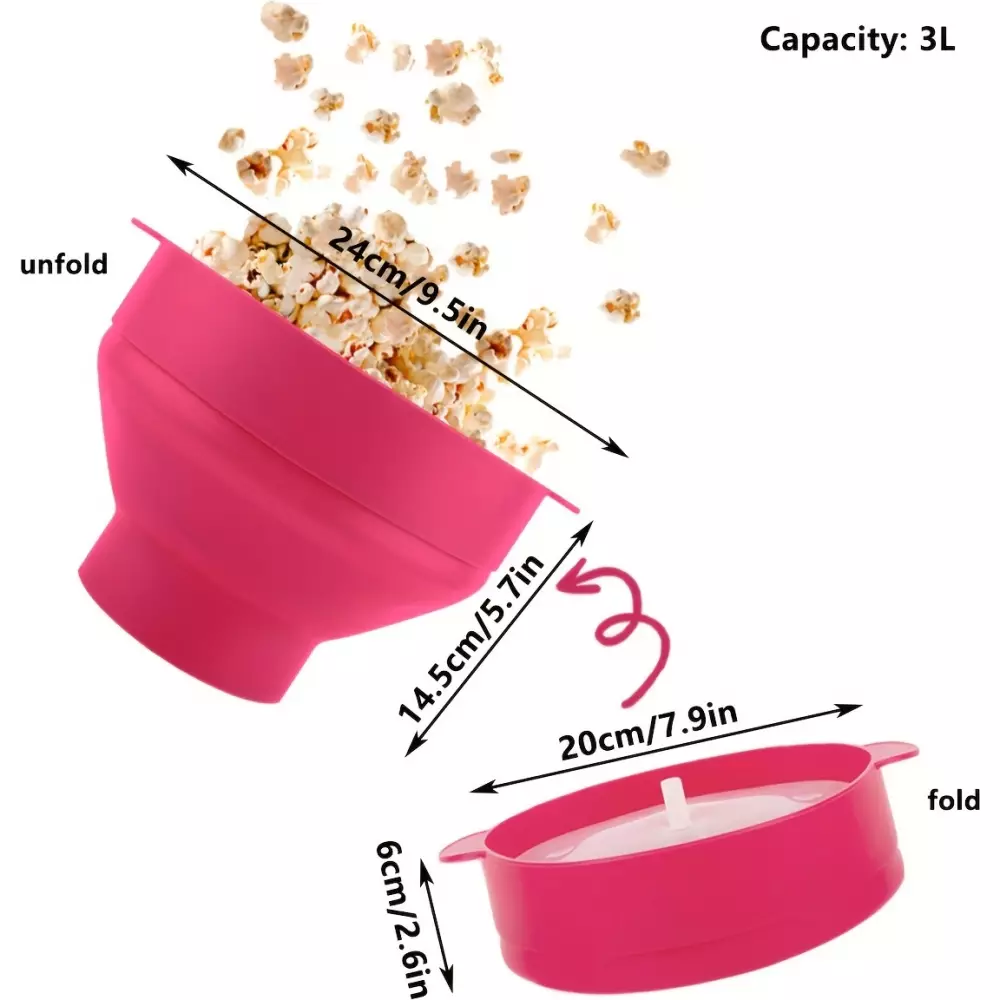 Bol &agrave; pop-corn pour micro-ondes en silicone pliable avec couvercle - Rouge