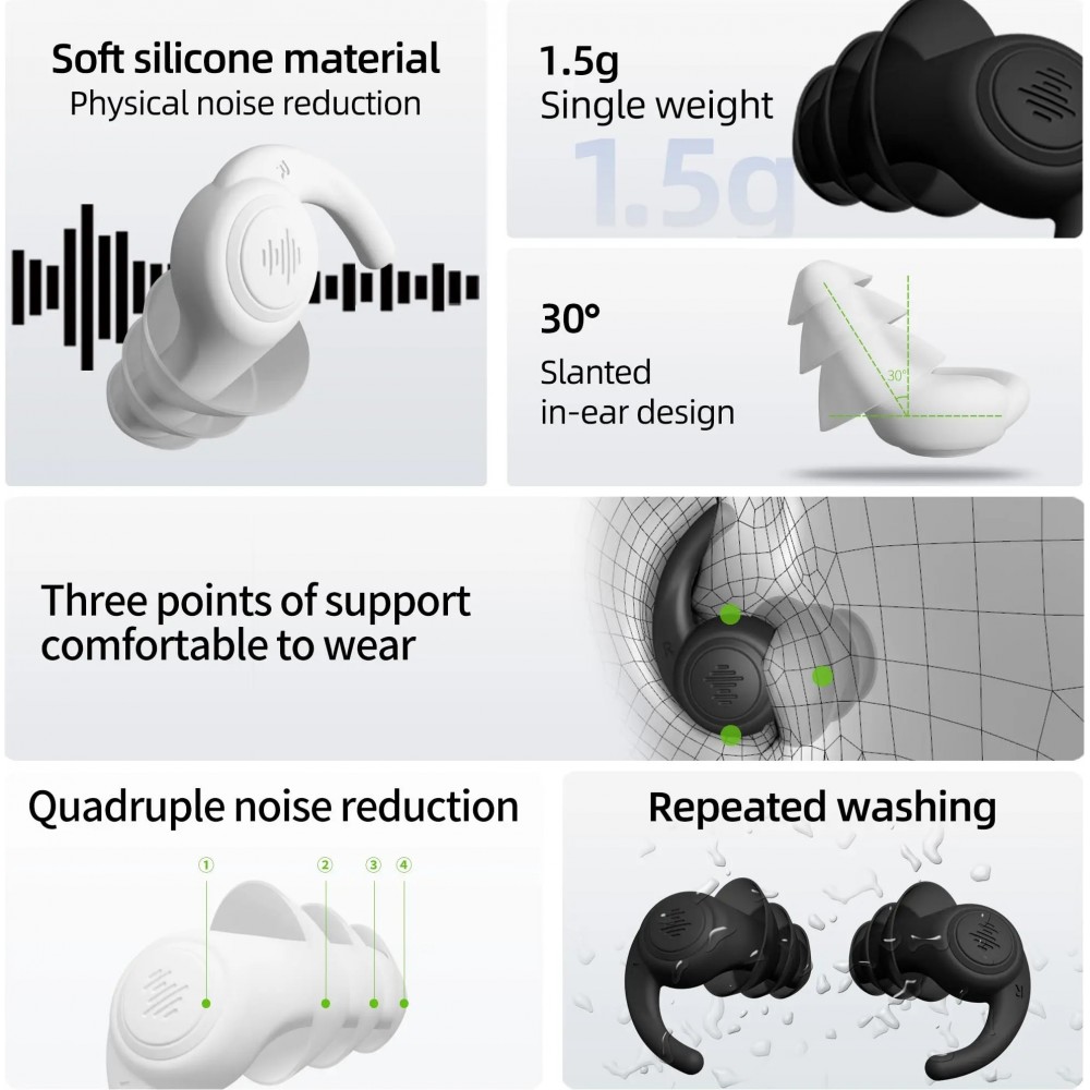Bouchons d'oreilles en silicone souple à 3 couches réutilisables réduction du bruit pour dormir nager travailler étudier contre le ronflement concerts - Noir