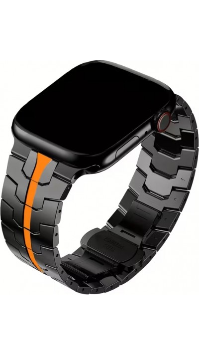 Luxus Edelstahl Gliederarmband mit orangefarbener Band - Schwarz - Apple Watch 44/45/46 mm