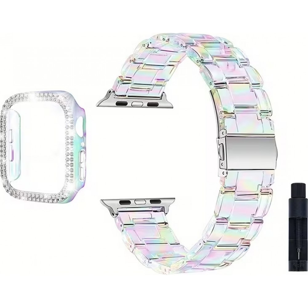 Bracelet transparent scintillant avec coque strass - Blanc - Apple Watch 10 (42 mm)
