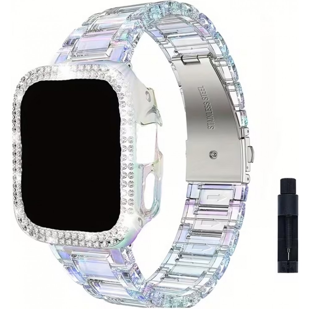Bracelet transparent scintillant avec coque strass - Blanc - Apple Watch 10 (46 mm)