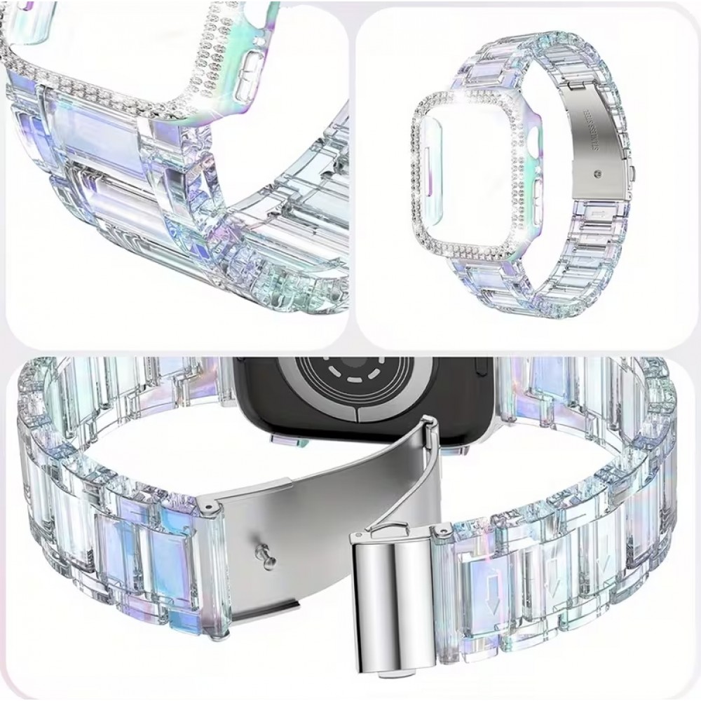 Bracelet transparent scintillant avec coque strass - Blanc - Apple Watch 10 (46 mm)