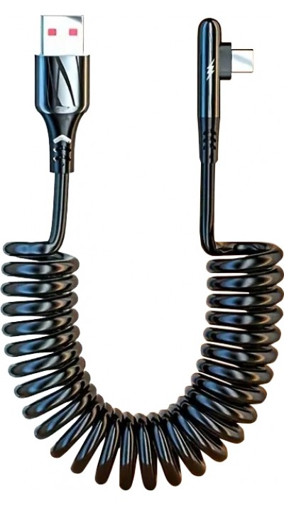 Câble extensible 120W USB-A vers USB-C 120W à charge ultra rapide avec lumière LED et ressort - Noir