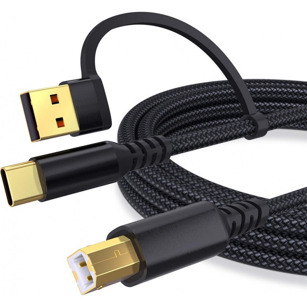 Câble USB-B vers USB-A et USB-C tressé nylon charge rapide pour imprimante et périphériques (1m) - Noir