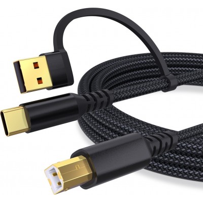 Câble USB-B vers USB-A et USB-C tressé nylon charge rapide pour imprimante et périphériques (1m) - Noir
