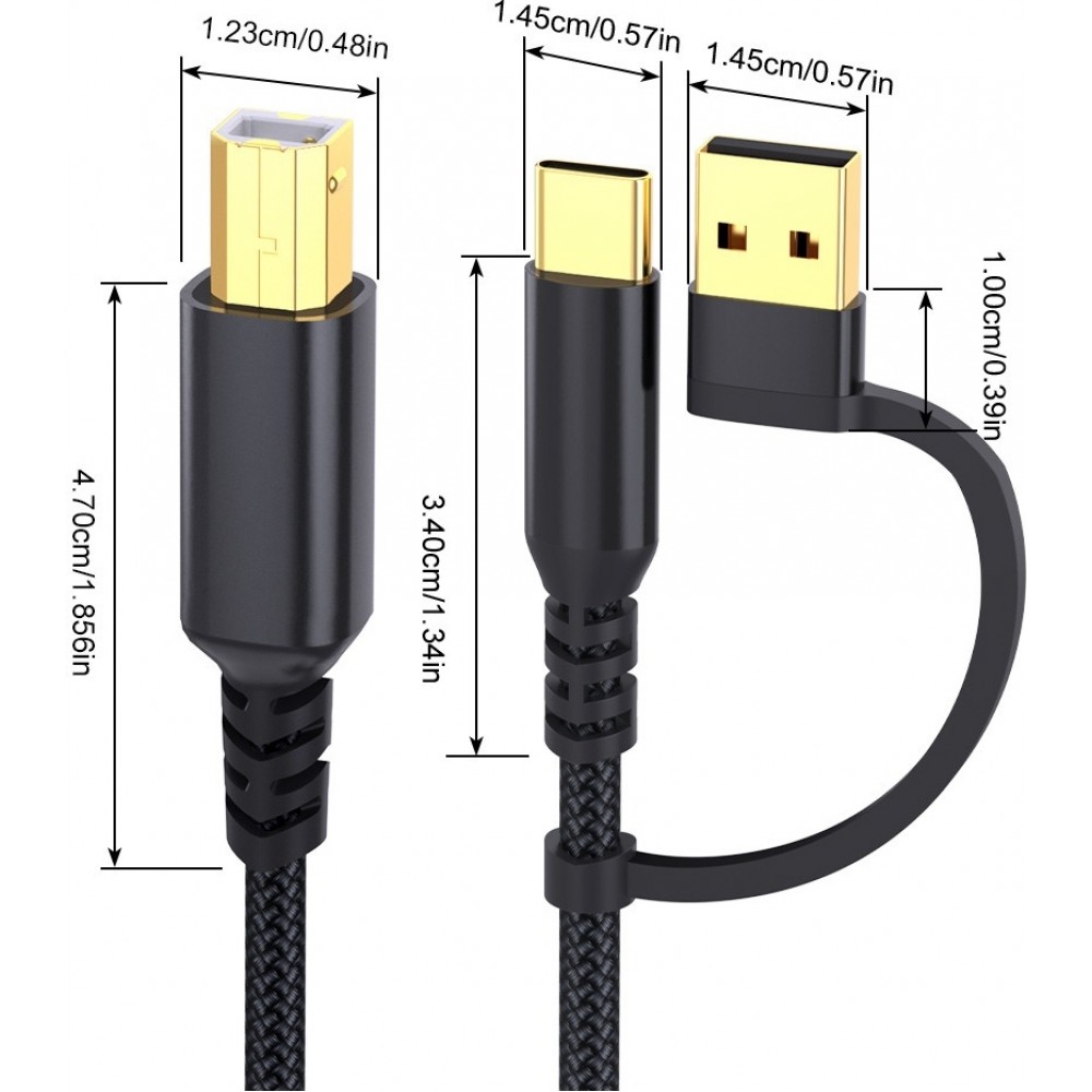 Câble USB-B vers USB-A et USB-C tressé nylon charge rapide pour imprimante et périphériques (1m) - Noir