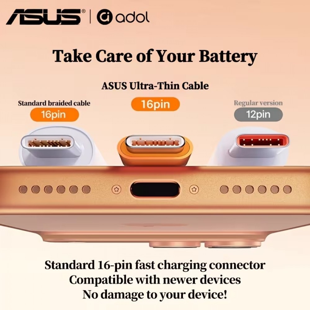 C&acirc;ble USB-C ASUS Adol 60W nylon tress&eacute; ultra-fin 3A charge rapide et donn&eacute;es (1m) - Orange