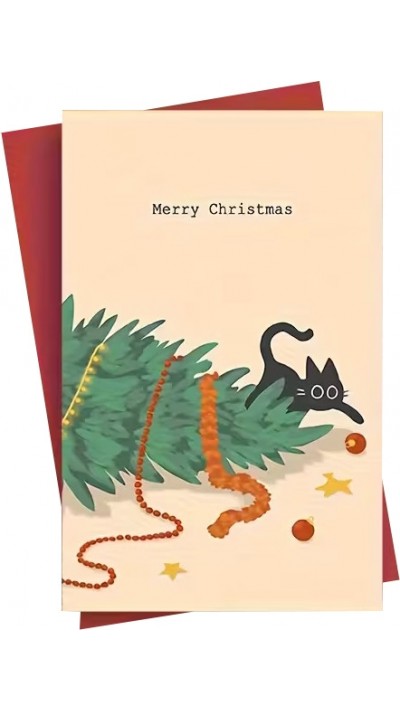 Carte de Noël chat mignon avec enveloppe rouge carte festive originale - Beige