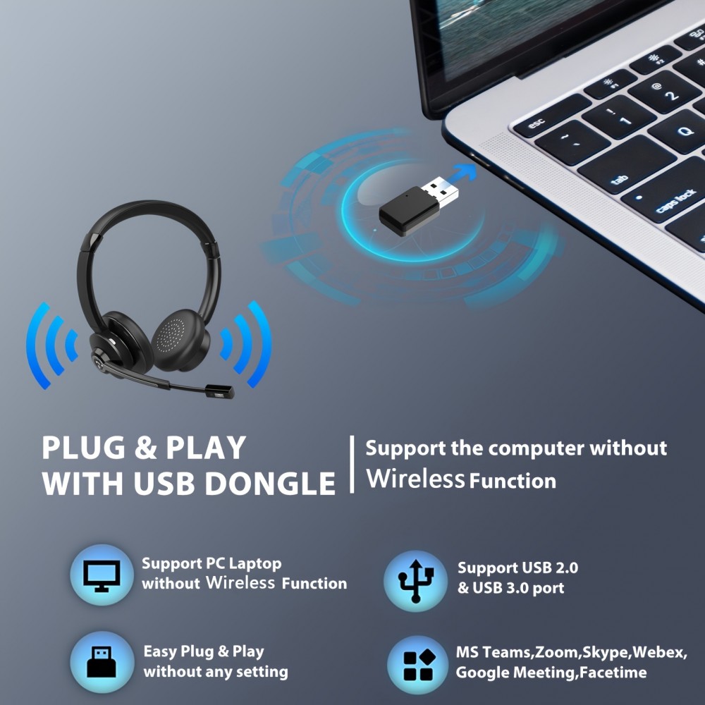 Casque sans fil antibruit Vonztek avec microphone et base de chargement pour télétravail et visioconférence - Noir