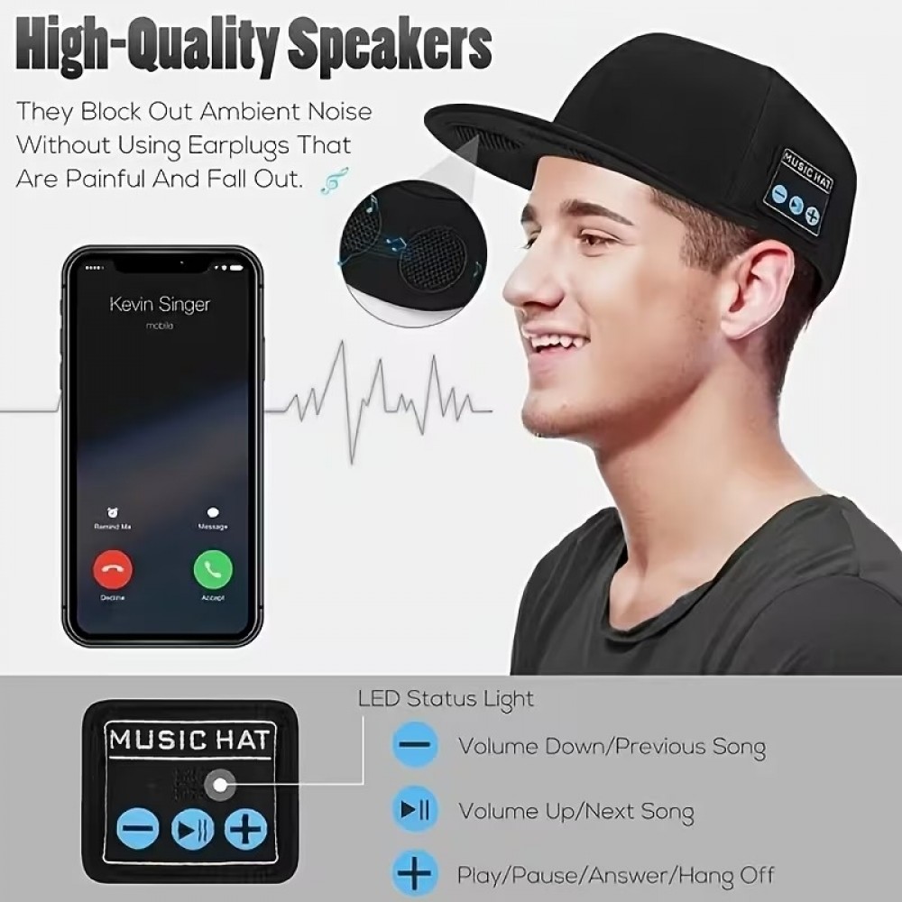 Casquette unisexe ajustable Bluetooth avec haut-parleurs intégrés pour musique et appels - Noir