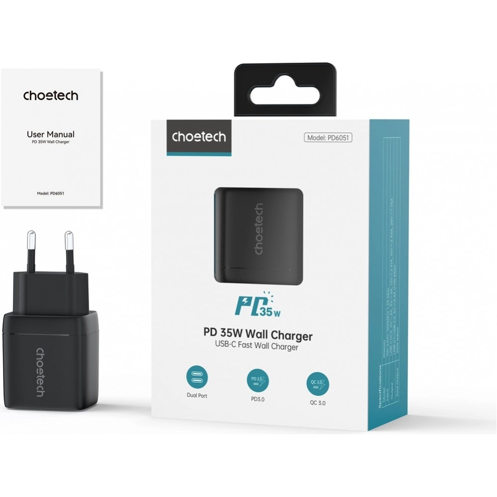 Choetech 35W USB-C PD Schnellladegerät mit 2 Ports und integrierten Schutzfunktionen - Schwarz