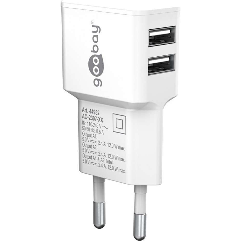 Chargeur mural double Goobay 12W USB-A adaptateur secteur USB compact - Blanc