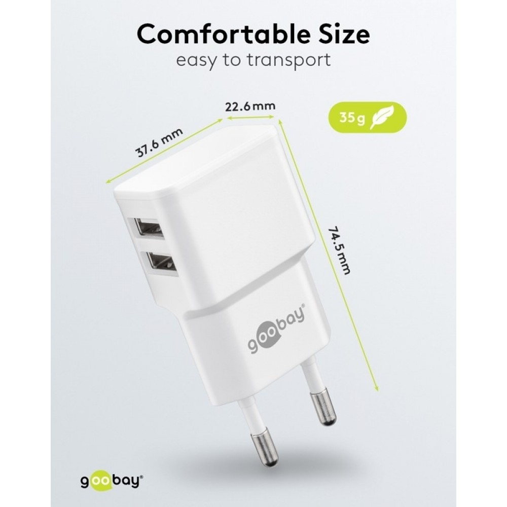 Chargeur mural double Goobay 12W USB-A adaptateur secteur USB compact - Blanc