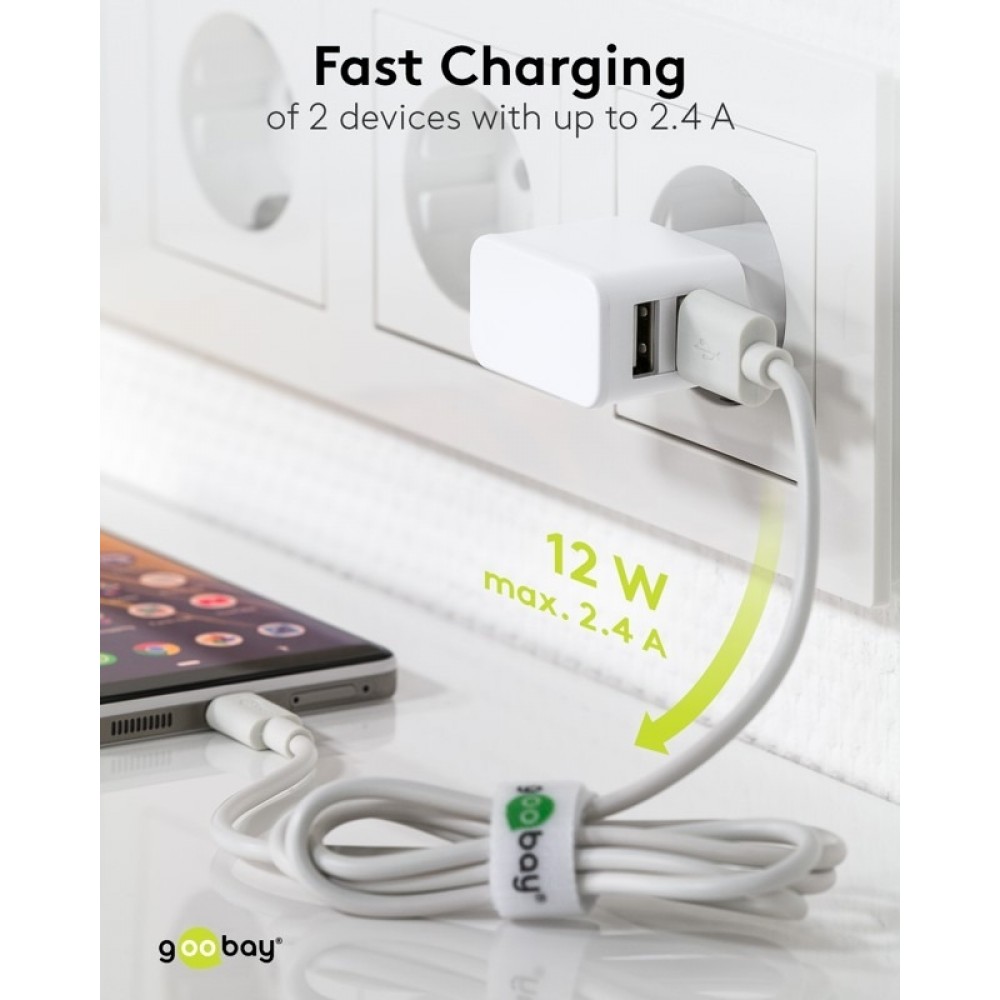 Chargeur mural double Goobay 12W USB-A adaptateur secteur USB compact - Blanc