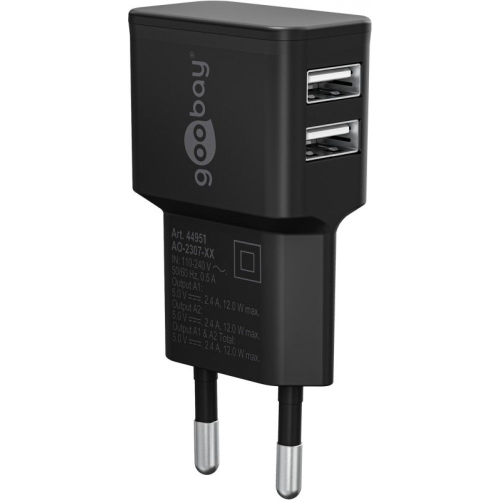 Chargeur mural double Goobay 12W USB-A adaptateur secteur USB compact - Noir