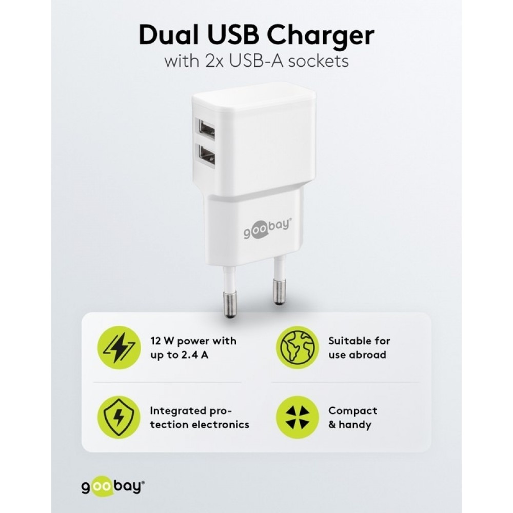 Chargeur mural double Goobay 12W USB-A adaptateur secteur USB compact - Noir