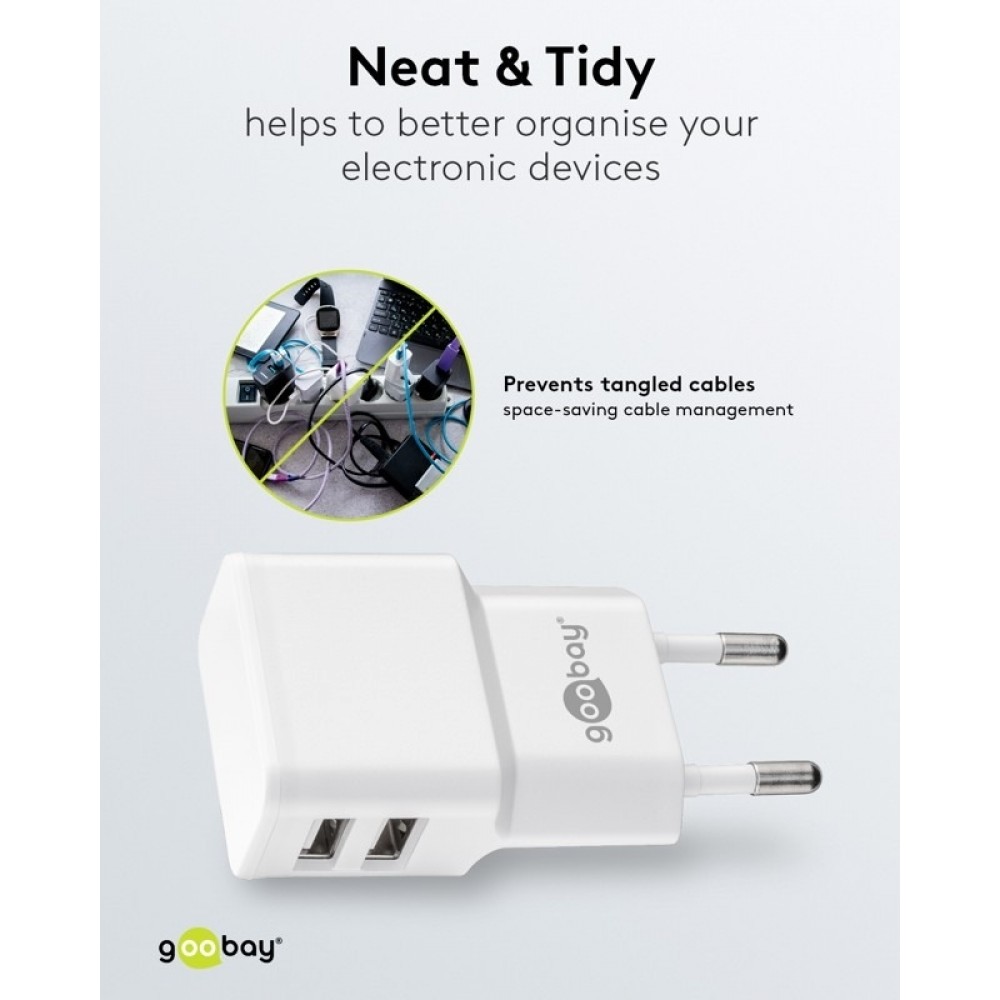 Chargeur mural double Goobay 12W USB-A adaptateur secteur USB compact - Noir