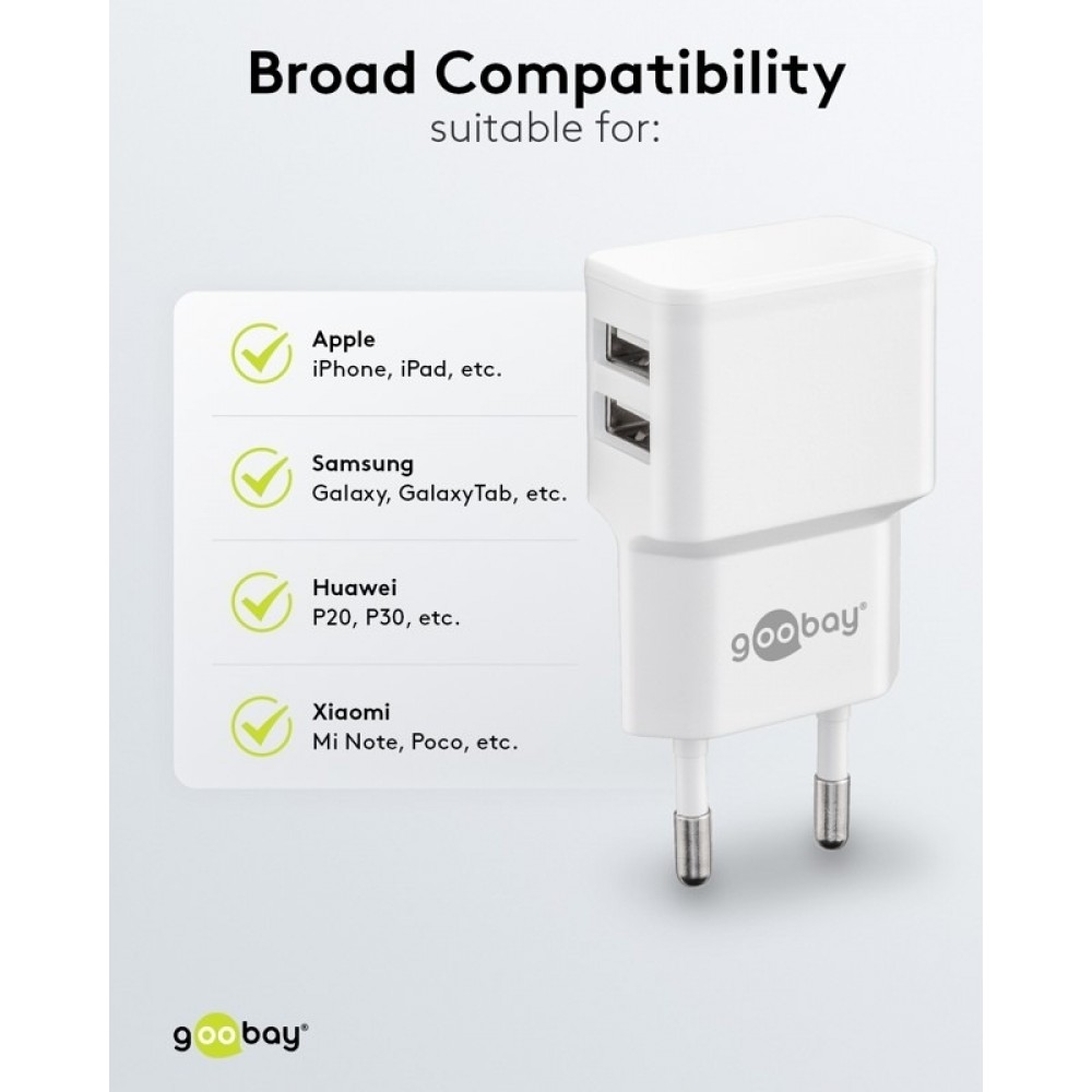 Chargeur mural double Goobay 12W USB-A adaptateur secteur USB compact - Noir
