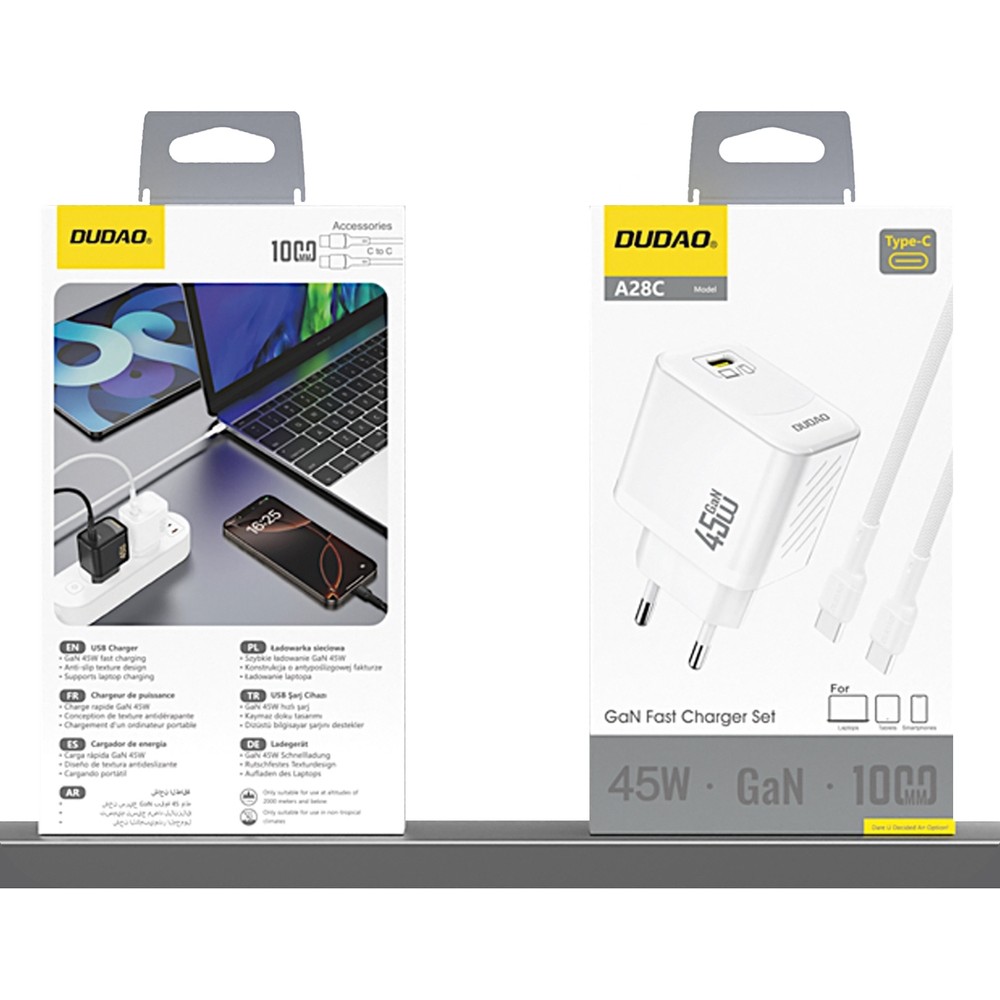 Chargeur mural GaN Dudao A28C 45W avec câble USB-C design antiglisse - Blanc
