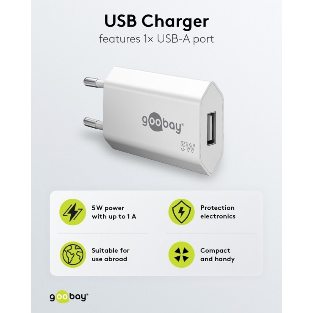 Chargeur mural Goobay 5W USB-A adaptateur secteur USB compact - Blanc