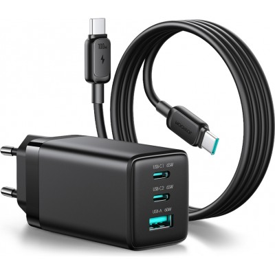 Chargeur mural Joyroom JR-TG10 65W GaN charge rapide 2x USB-C + USB-A avec c&acirc;ble USB-C 100W 1.2m - Noir