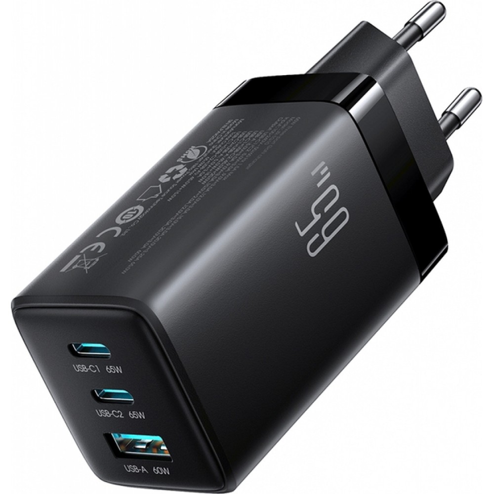 Chargeur mural Joyroom JR-TG10 65W GaN charge rapide 2x USB-C + USB-A avec c&acirc;ble USB-C 100W 1.2m - Noir