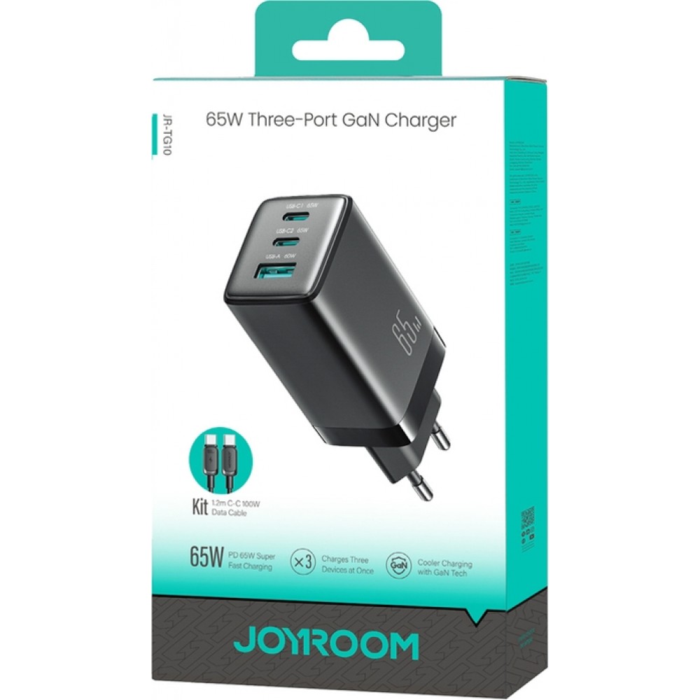Chargeur mural Joyroom JR-TG10 65W GaN charge rapide 2x USB-C + USB-A avec c&acirc;ble USB-C 100W 1.2m - Noir