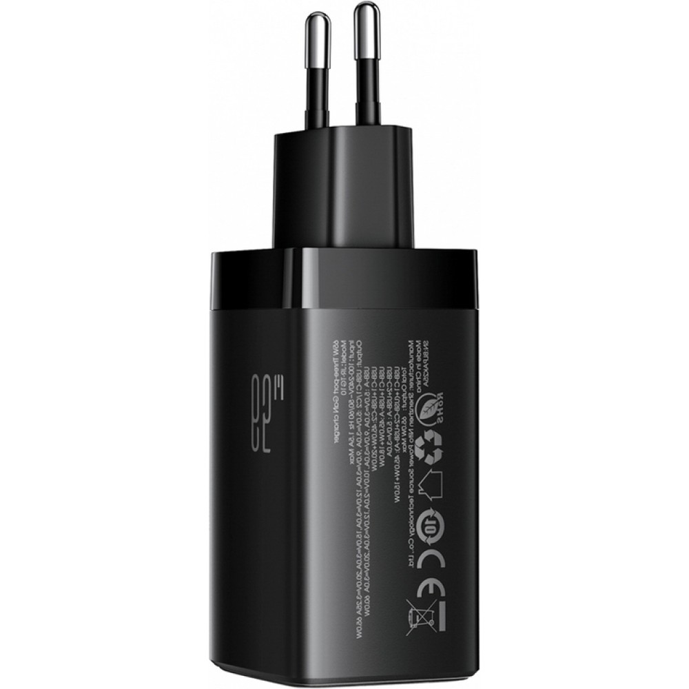 Chargeur mural Joyroom JR-TG10 65W GaN charge rapide 2x USB-C + USB-A avec c&acirc;ble USB-C 100W 1.2m - Noir
