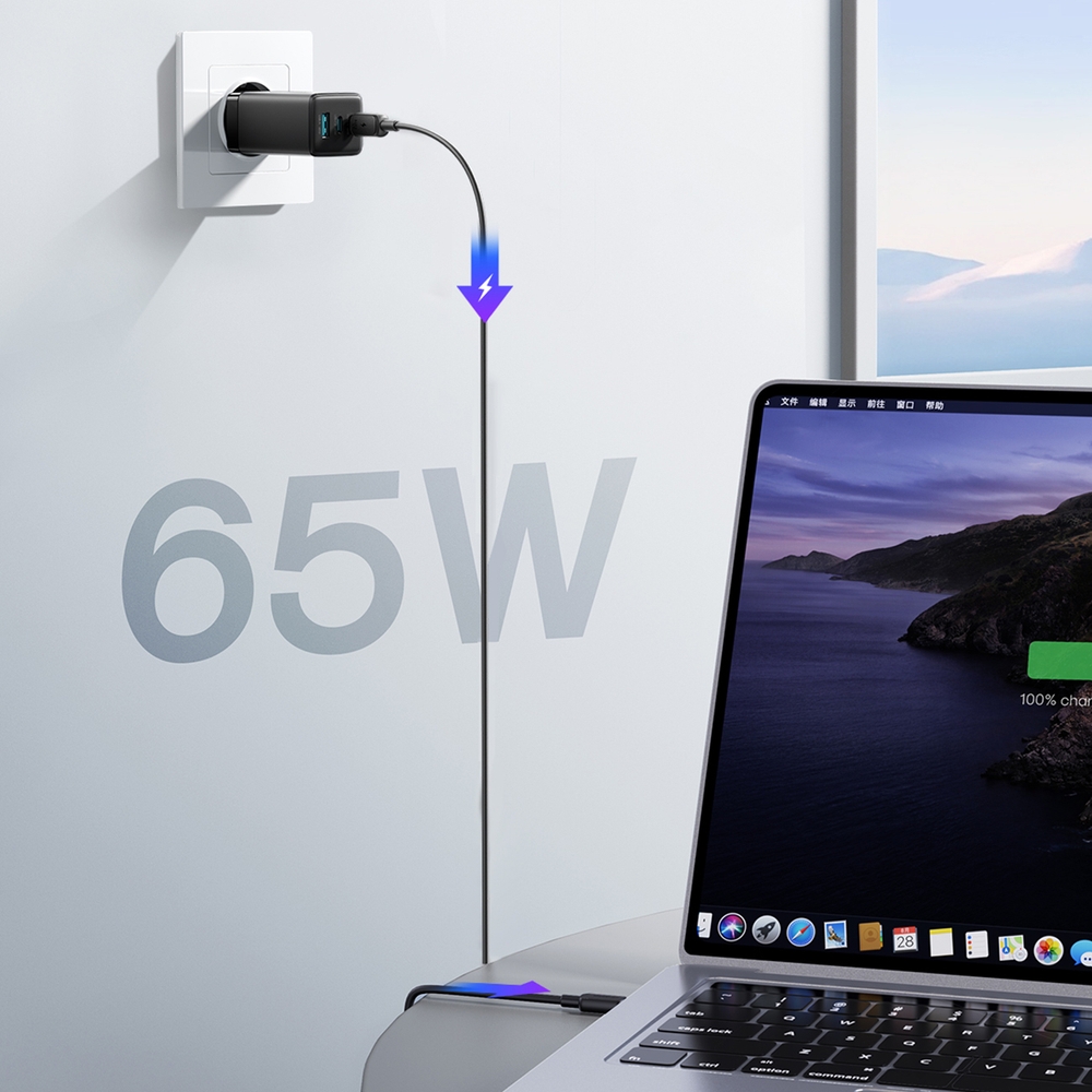Chargeur mural Joyroom JR-TG10 65W GaN charge rapide 2x USB-C + USB-A avec c&acirc;ble USB-C 100W 1.2m - Noir