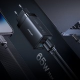 Chargeur mural Joyroom JR-TG10 65W GaN charge rapide 2x USB-C + USB-A avec c&acirc;ble USB-C 100W 1.2m - Noir