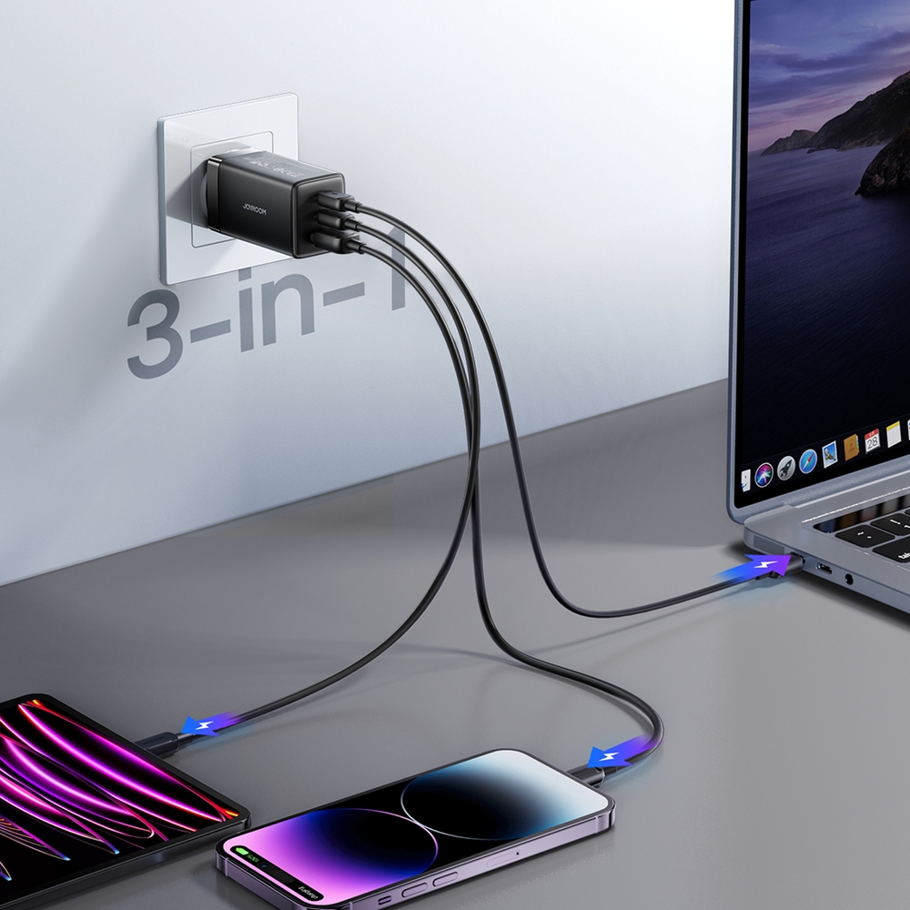 Chargeur mural Joyroom JR-TG10 65W GaN charge rapide 2x USB-C + USB-A avec c&acirc;ble USB-C 100W 1.2m - Noir
