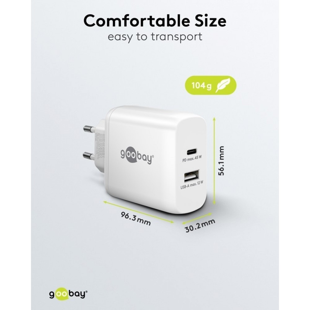 Chargeur rapide Goobay 45W GaN USB-C Power Delivery et USB-A adaptateur mural - Noir