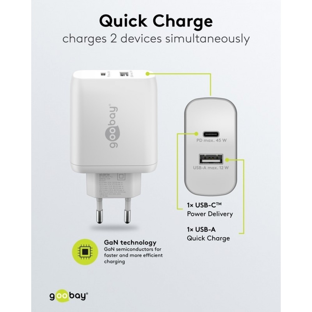 Chargeur rapide Goobay 45W GaN USB-C Power Delivery et USB-A adaptateur mural - Noir