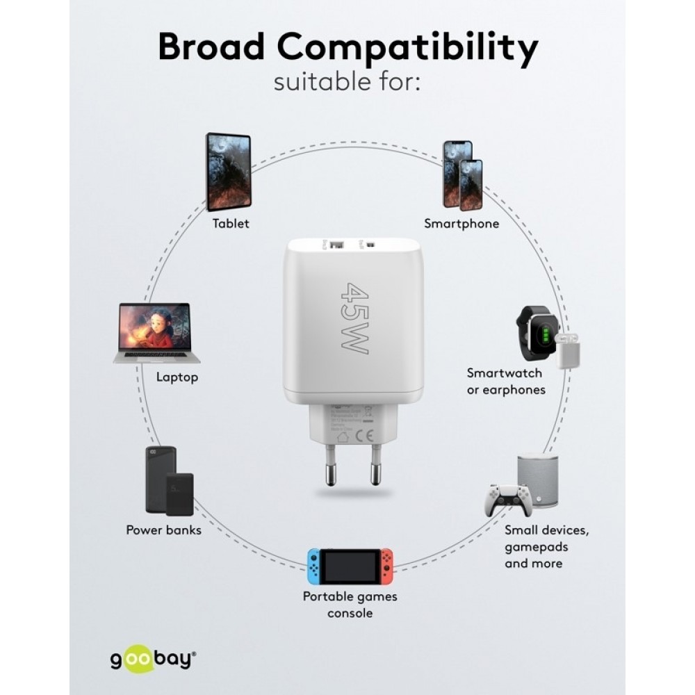 Chargeur rapide Goobay 45W GaN USB-C Power Delivery et USB-A adaptateur mural - Noir