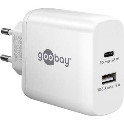 Chargeur rapide Goobay 65W GaN USB-C Power Delivery et USB-A adaptateur mural - Blanc