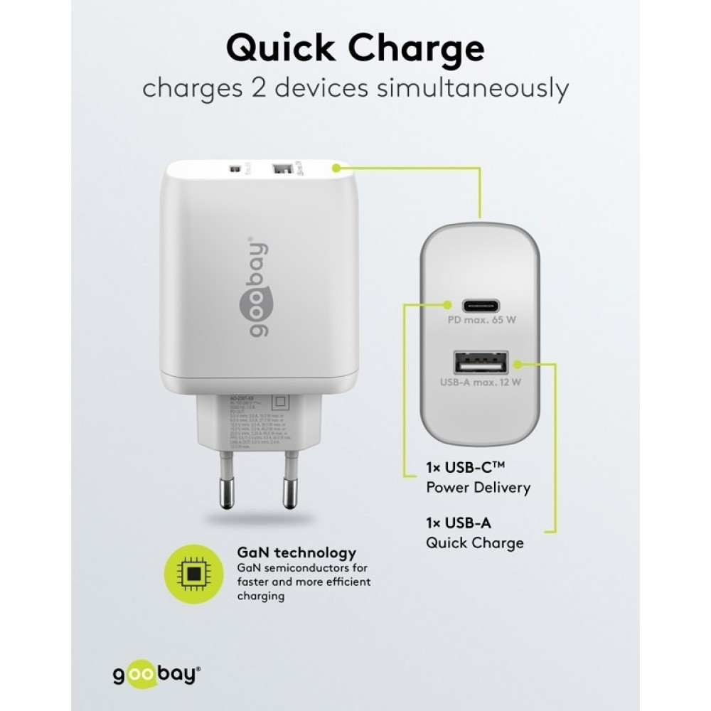 Chargeur rapide Goobay 65W GaN USB-C Power Delivery et USB-A adaptateur mural - Blanc