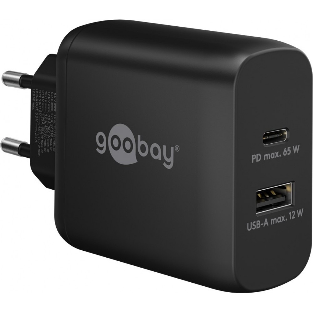 Chargeur rapide Goobay 65W GaN USB-C Power Delivery et USB-A adaptateur mural - Noir