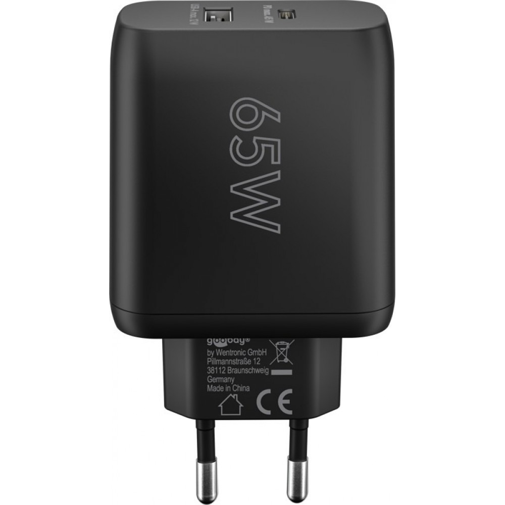 Chargeur rapide Goobay 65W GaN USB-C Power Delivery et USB-A adaptateur mural - Noir