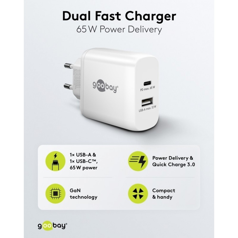 Chargeur rapide Goobay 65W GaN USB-C Power Delivery et USB-A adaptateur mural - Noir