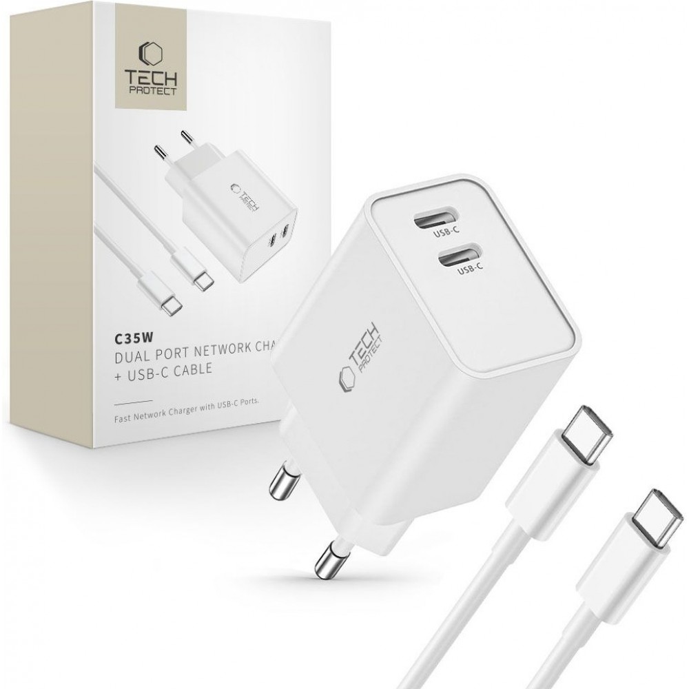 Tech-Protect C35W USB-C PD 35W Doppelport Ladegerät mit USB-C Kabel - Weiß