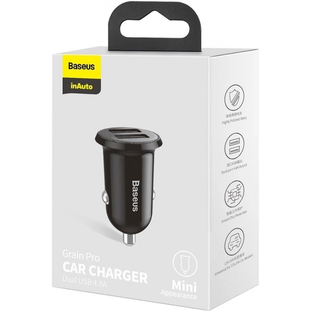 Chargeur voiture Baseus Grain Pro compatibilité universelle 2x USB 4.8 A rapide multifunctionnel - Noir