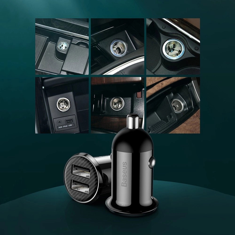 Chargeur voiture Baseus Grain Pro compatibilité universelle 2x USB 4.8 A rapide multifunctionnel - Noir