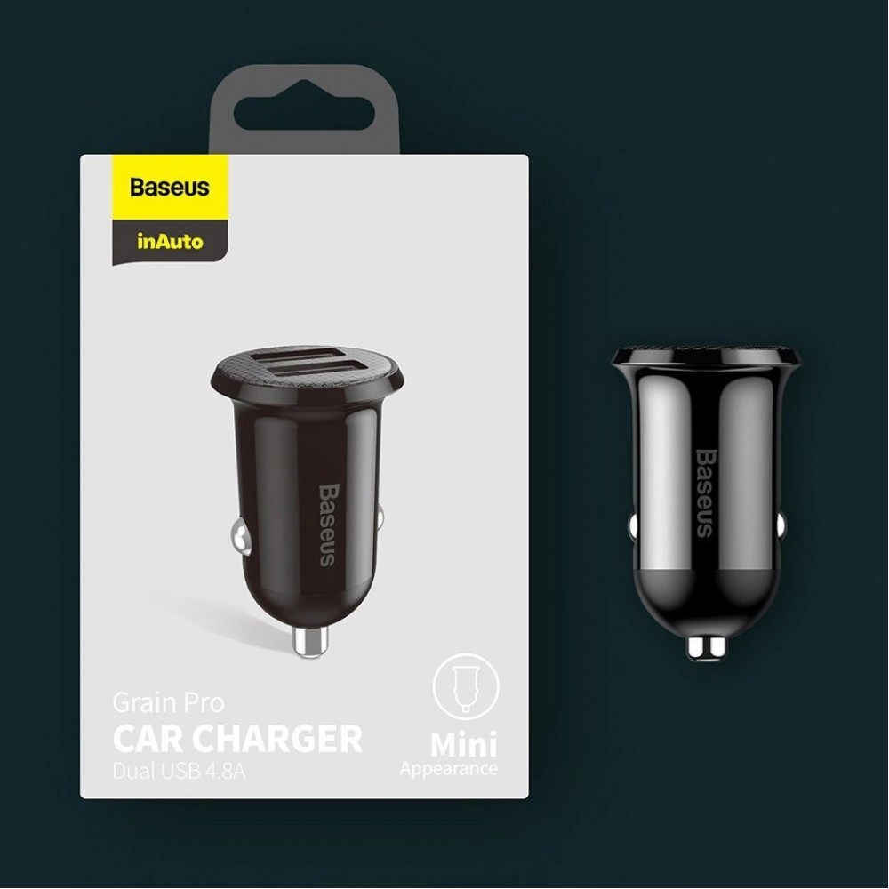 Chargeur voiture Baseus Grain Pro compatibilité universelle 2x USB 4.8 A rapide multifunctionnel - Noir