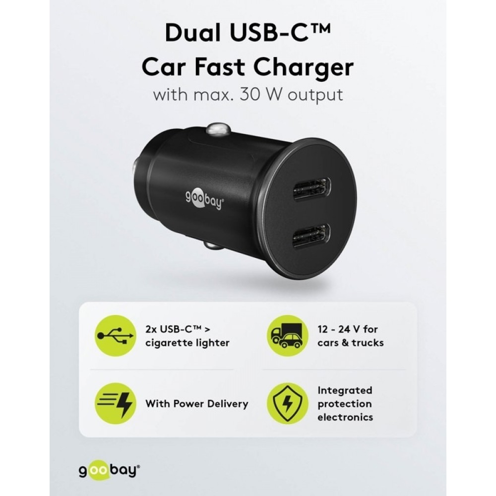 Chargeur voiture rapide Goobay 30W USB-C PD adaptateur allume-cigare 12/24V - Noir