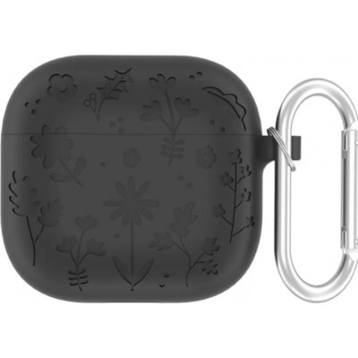 Coque AirPods 4 - Fleurs silicone avec mousqueton - Noir