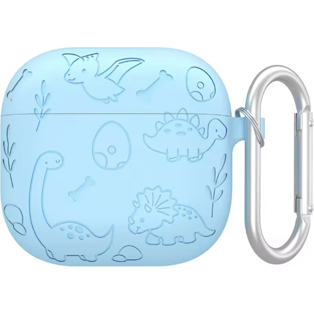 AirPods 4 Case Hülle - Gravierte Silikon-Dinosaurier und Blumen - Blau