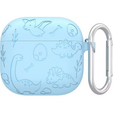AirPods 4 Case Hülle - Gravierte Silikon-Dinosaurier und Blumen - Blau