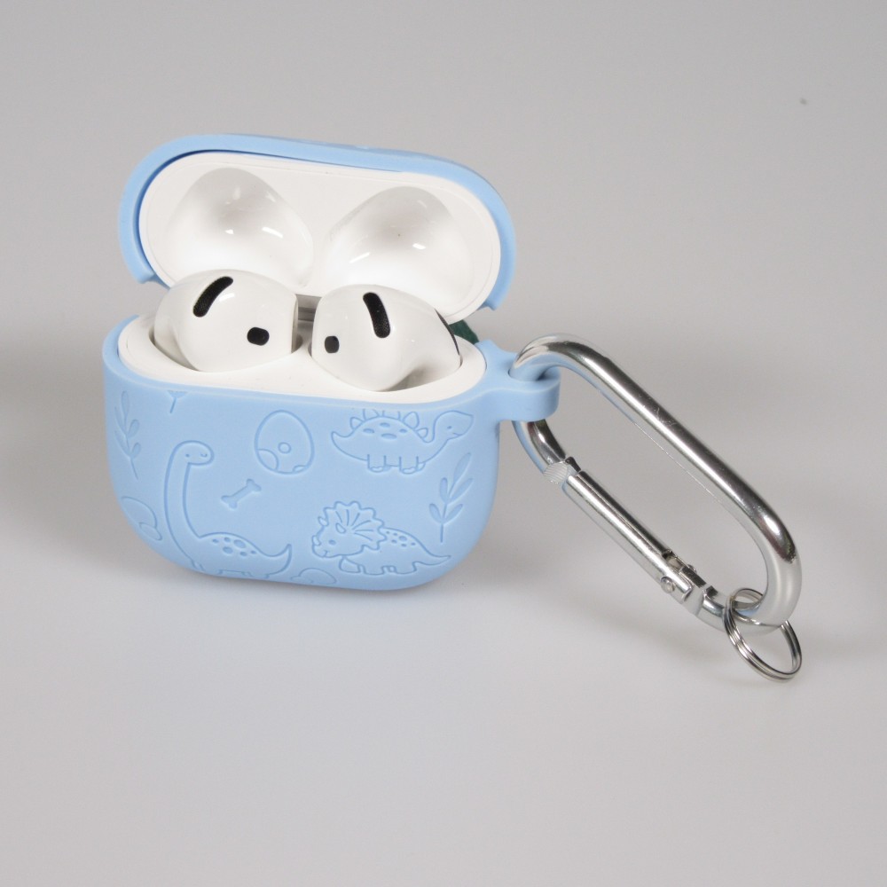 AirPods 4 Case Hülle - Gravierte Silikon-Dinosaurier und Blumen - Blau