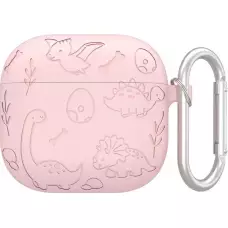 AirPods 4 Case H&uuml;lle - Gravierte Silikon-Dinosaurier und Blumen - Rosa