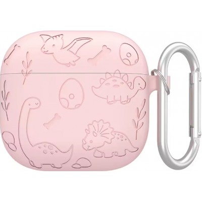 Coque AirPods 4 - Silicone dinosaures et fleurs gravés - Rose